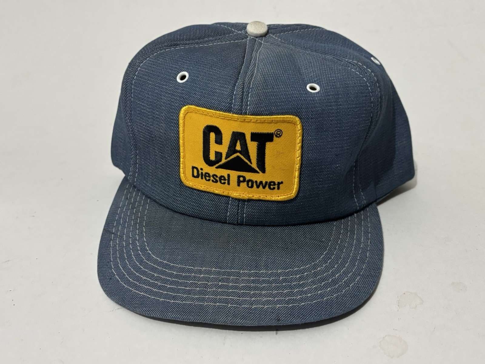 Vintage Caterpillar CAT Logo Blue Denim Snapback Mens Hat USA Made Patch Trucker