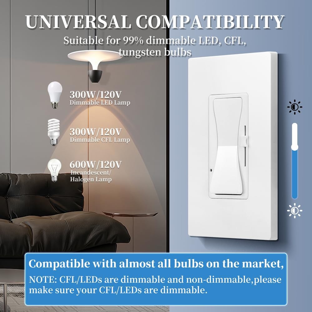 Dimmer Light Switch,Single Pole & 3 Way Dimmer Control,Full Range Dimming for...