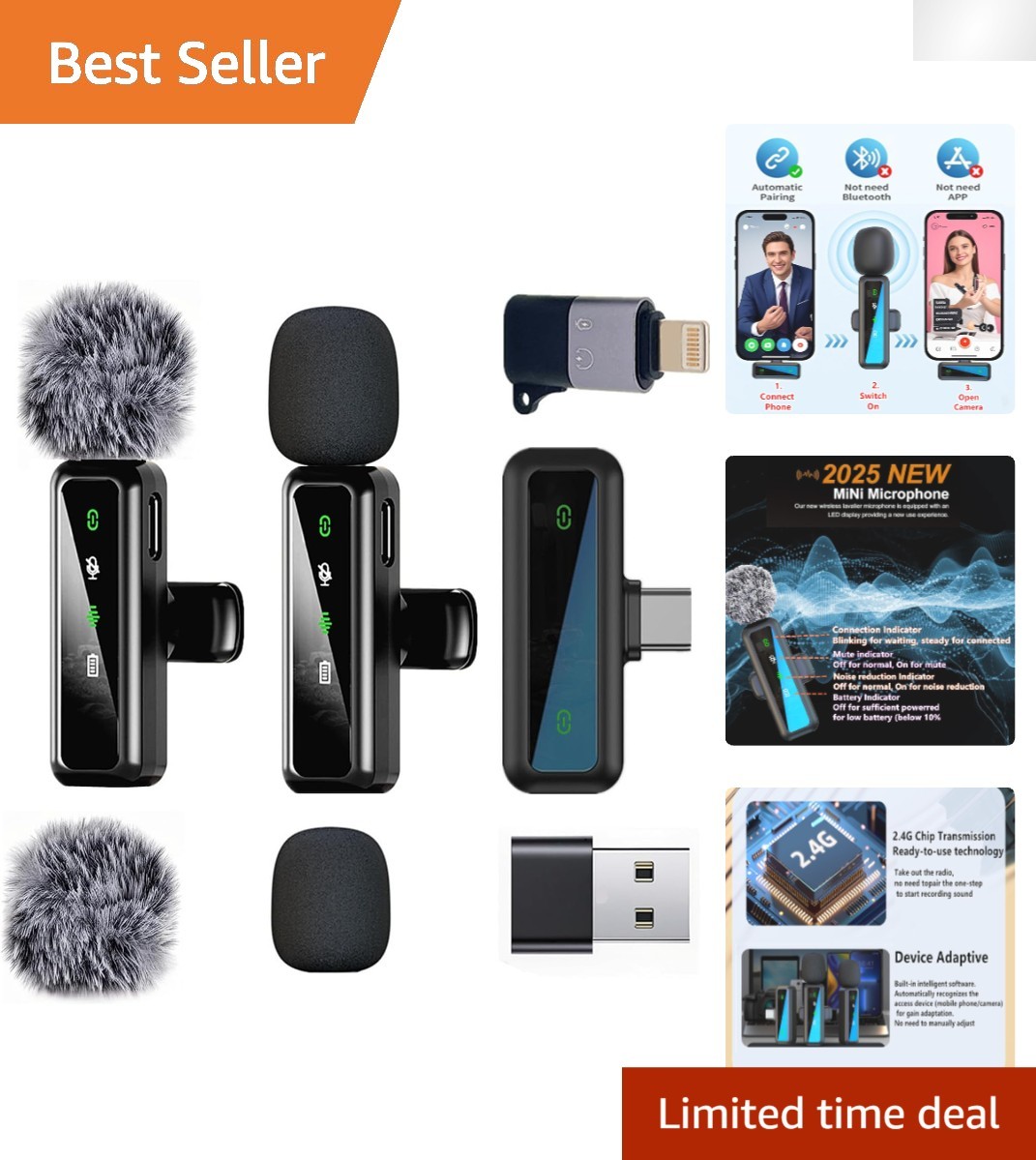 Wireless Microphone Mini Mic for iPhone/Android Phone, LED Display Lavalier