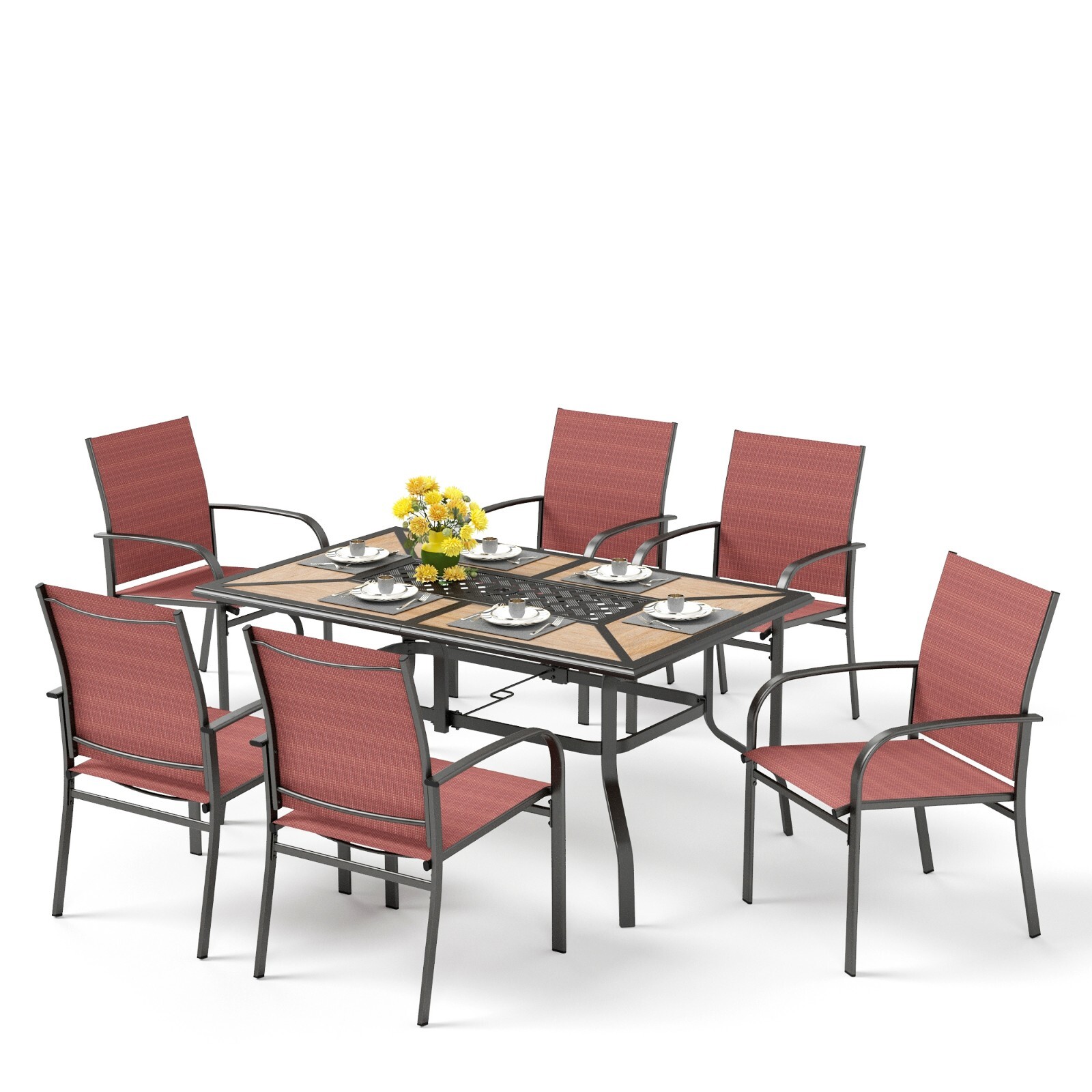 Patio Dining Set 7 Pieces Outdoor Furniture Metal Table and 6 Textilene Chairs