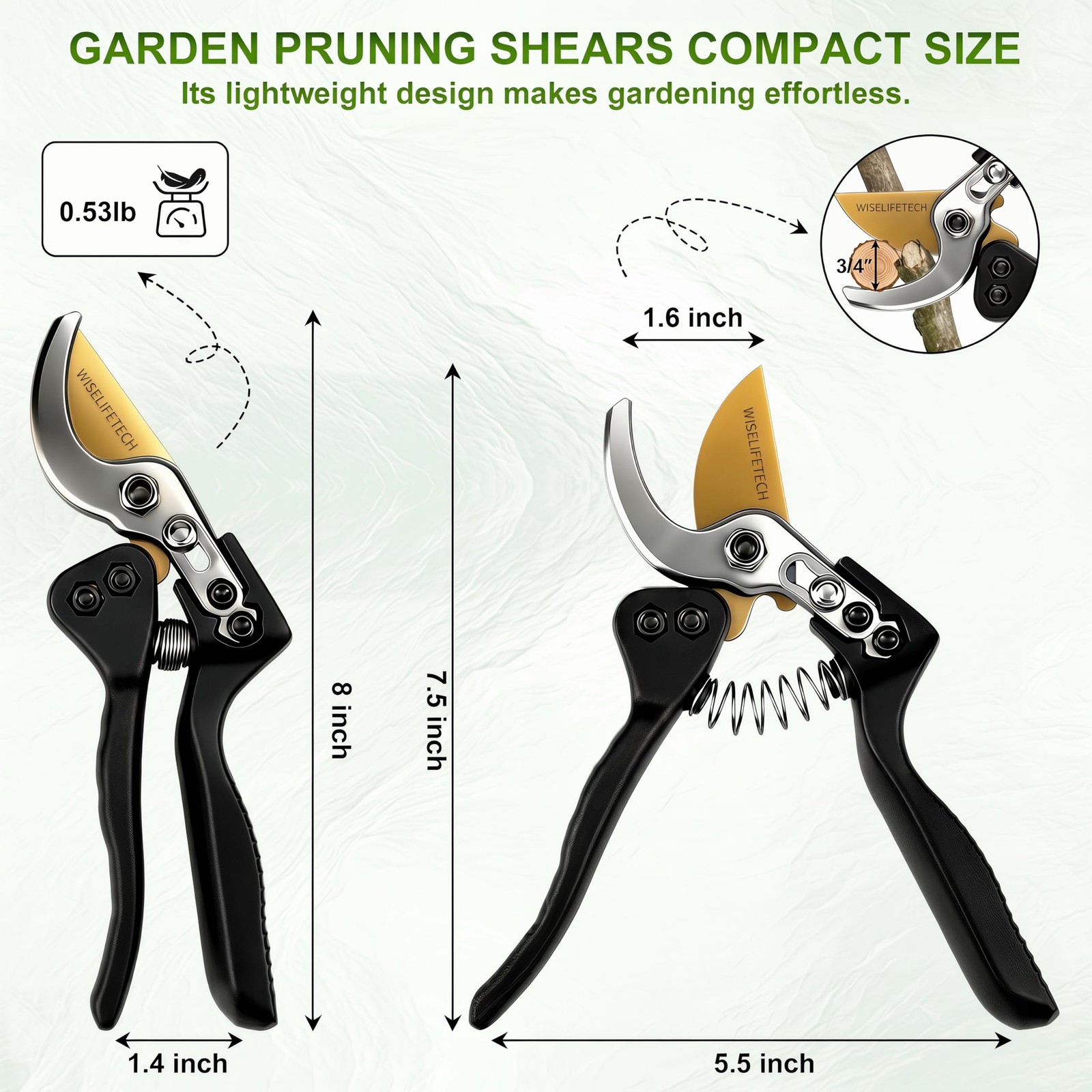 Wiselifetech Pruning Shears, Sharp Clean Cut SK5 Steel 8" Garden Black
