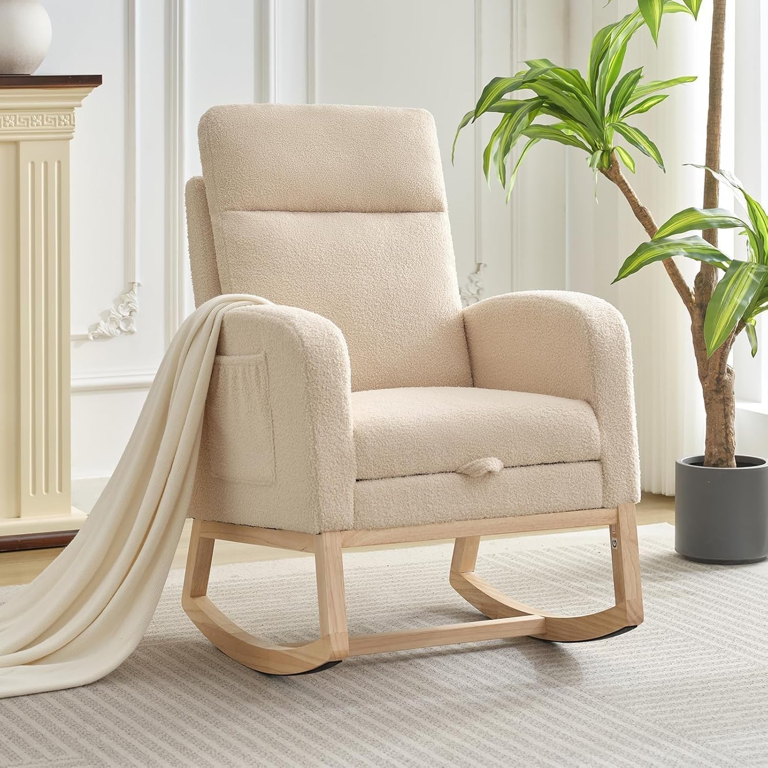 Multi-Function Comfort Rocker with Footrest & Side Pocket, Wooden Base for Home