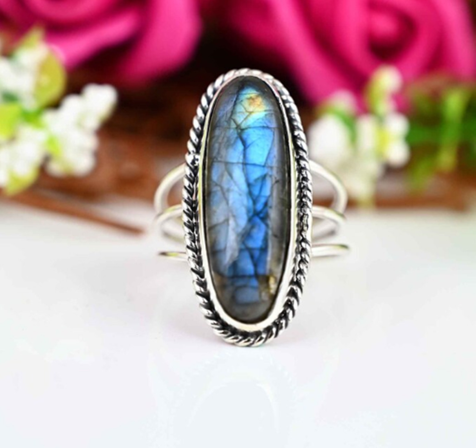 Labradorite Ring Gemstone Solid 925 Sterling Silver Wonderful Pretty Ring MK*