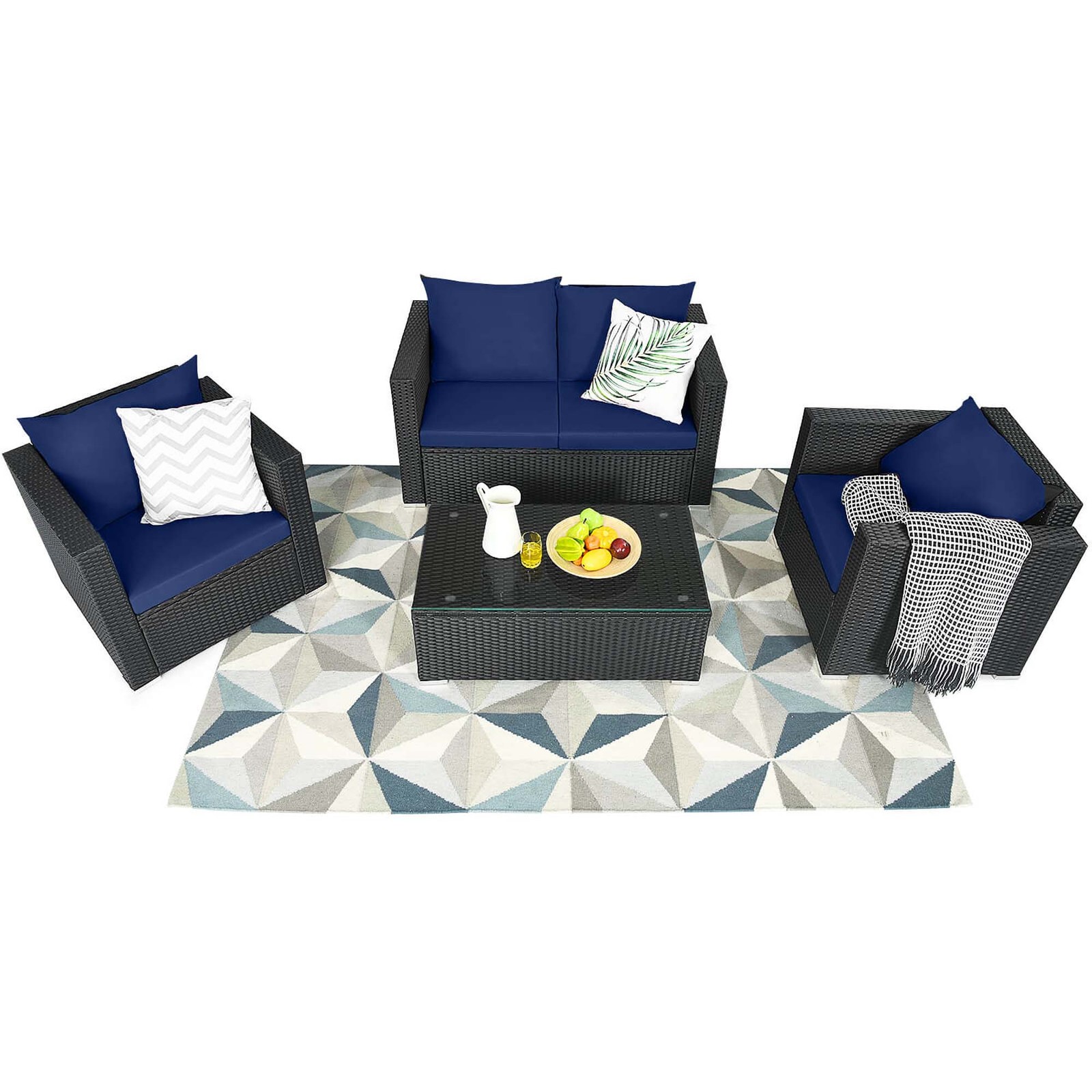 Set of 4 Rattan Furniture Set Cushioned Sofa Chair Coffee Table Patio Navy