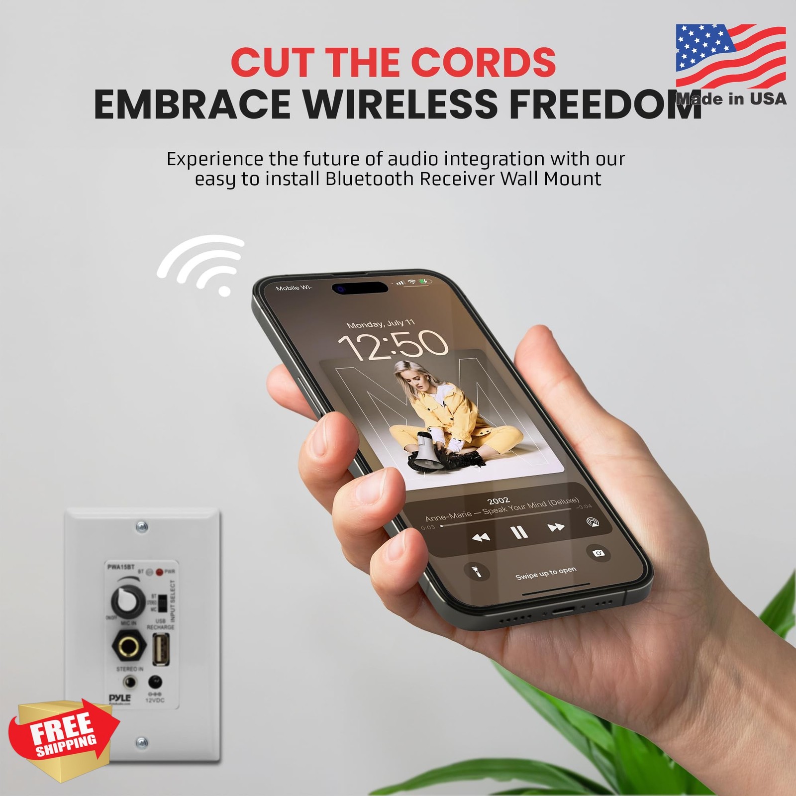Pyle Wireless BT Receiver Wall Mount - 100W In-Wall Audio Control Receiver w/ Bu