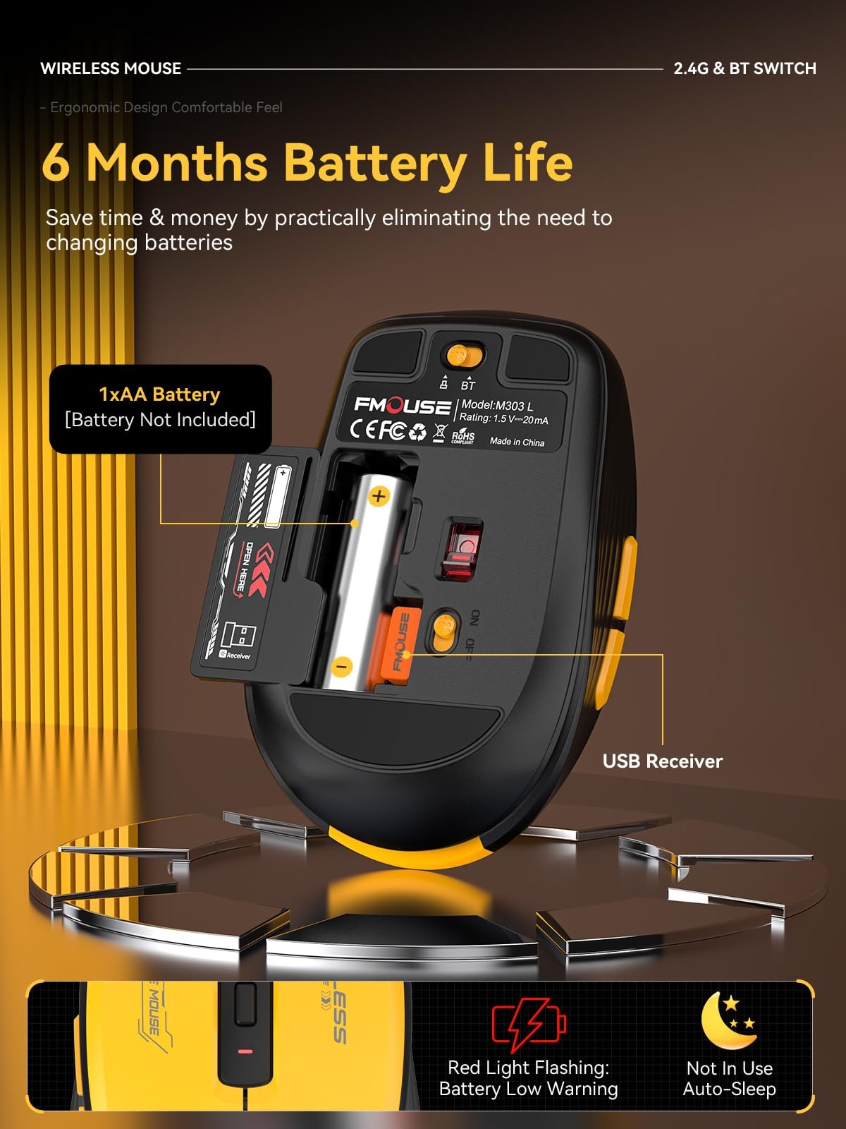 DAHULI Wireless Mouse Yellow Black, Dual-Mode Bluetooth/2.4G, Side Buttons