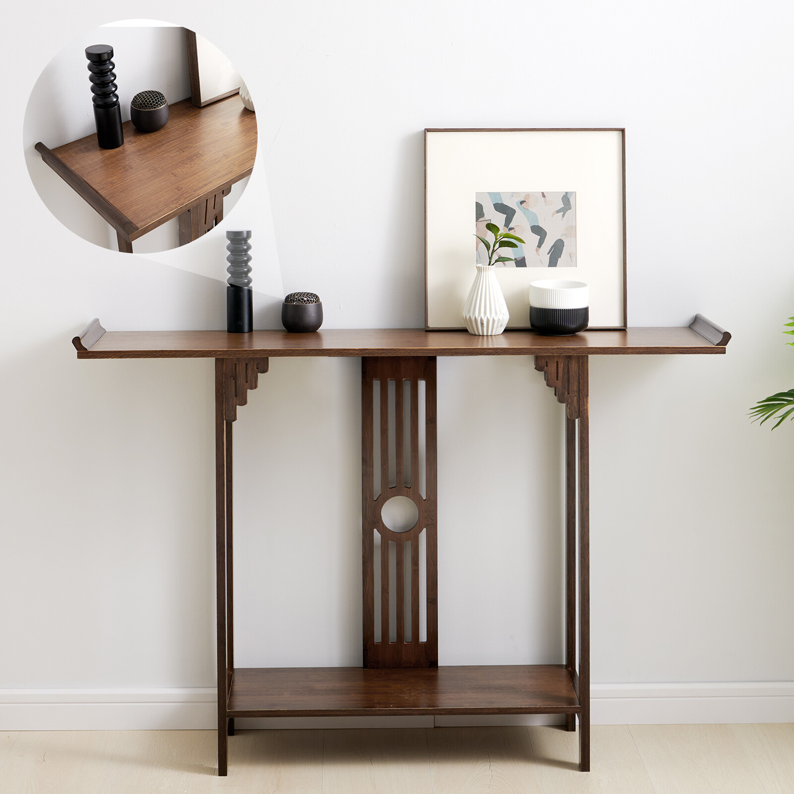 Chinese Style Vintage Console Table Sofa Side Table Bamboo Shelf Entryway Table