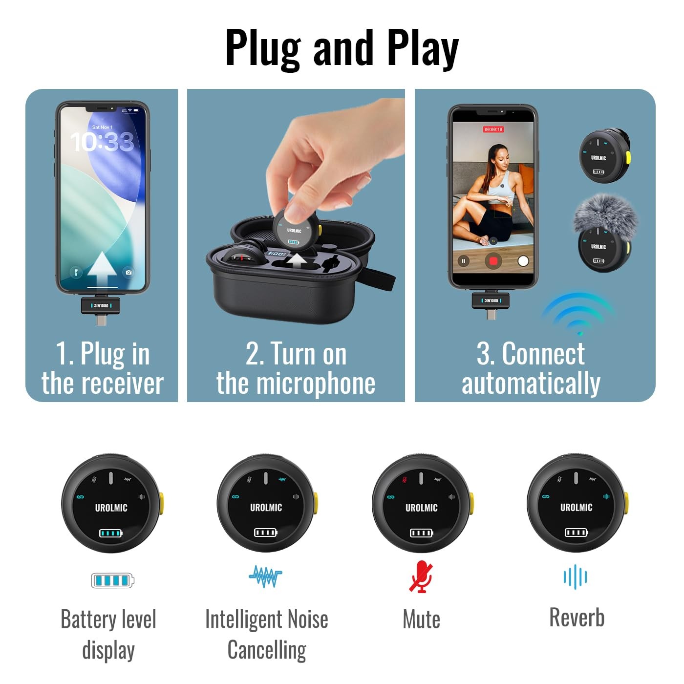 Wireless Lavalier Microphone, 40-Hour Battery, 55m Range, Magnetic Clip