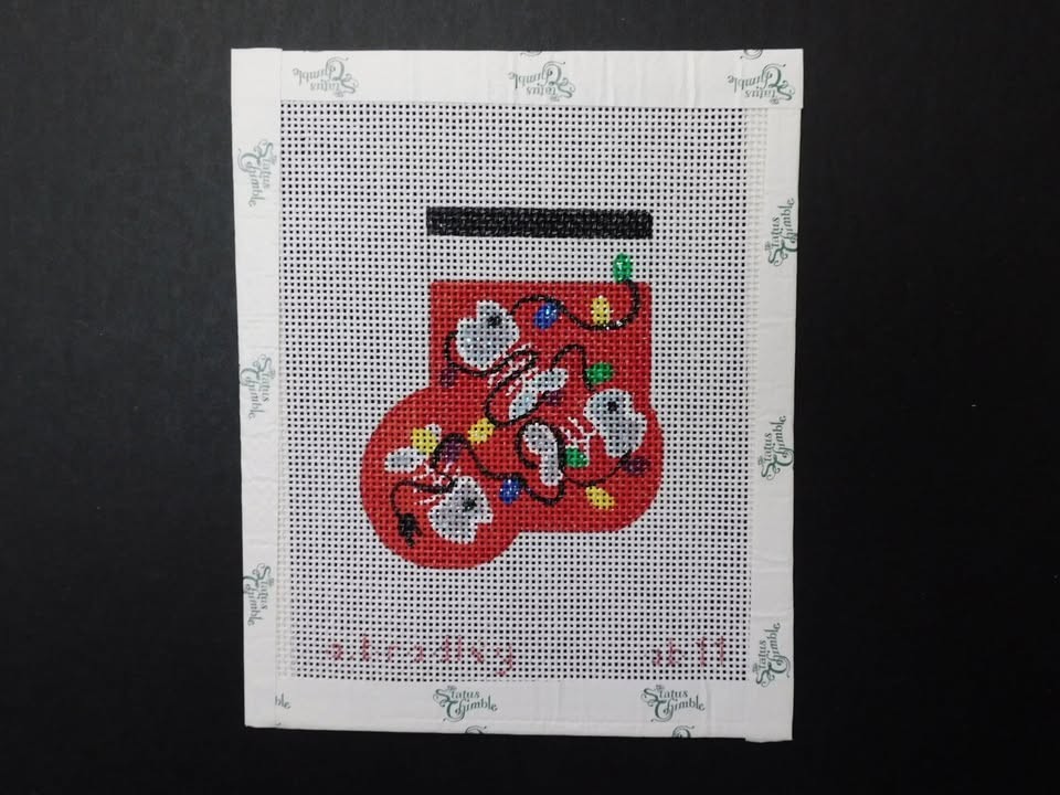 Small Stocking w/Light Bulbs & Popcorn by Bradley (CT58)  Painted Needlepoint