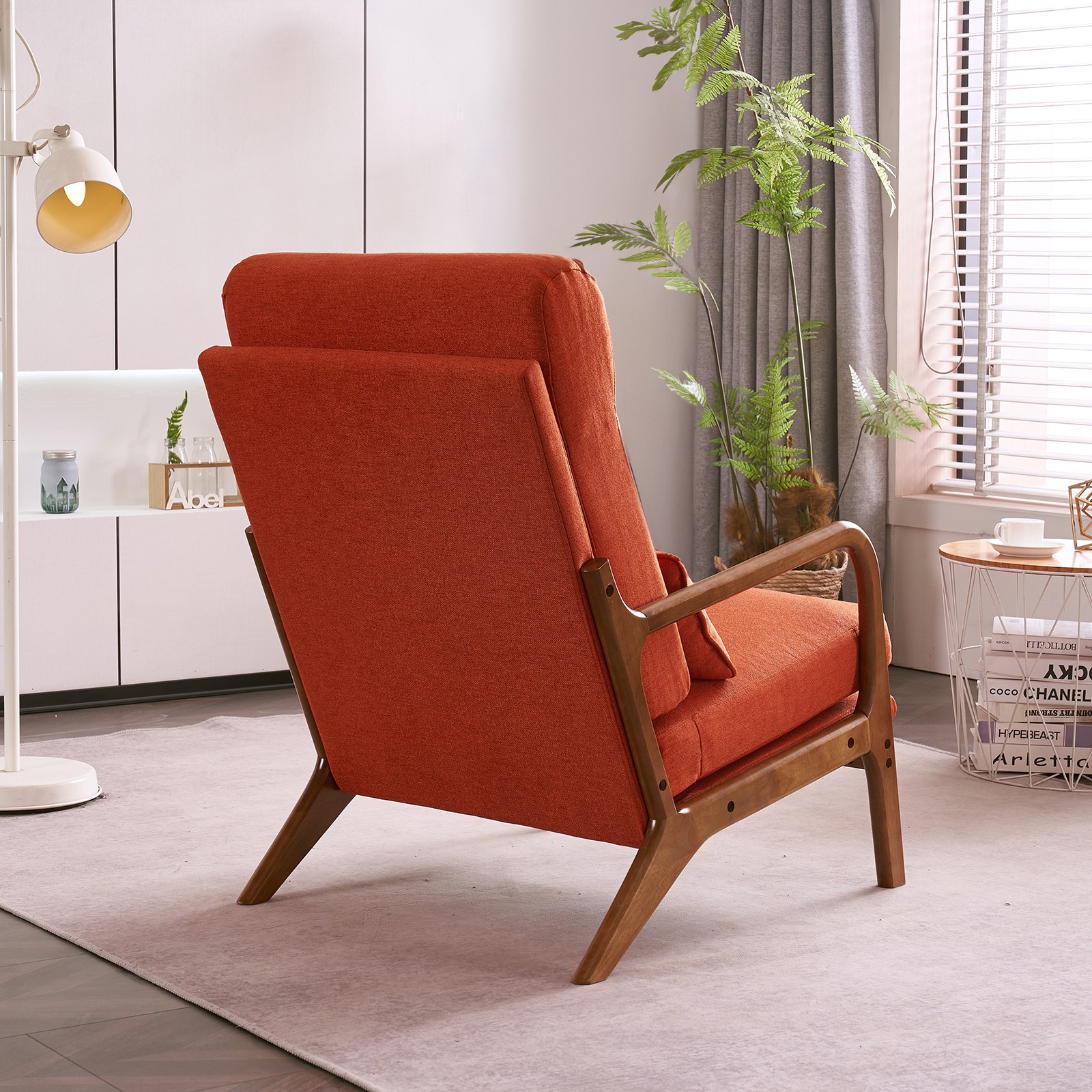 High Back Solid Wood Armrest Backrest Iron Frame Linen Indoor Leisure Chair