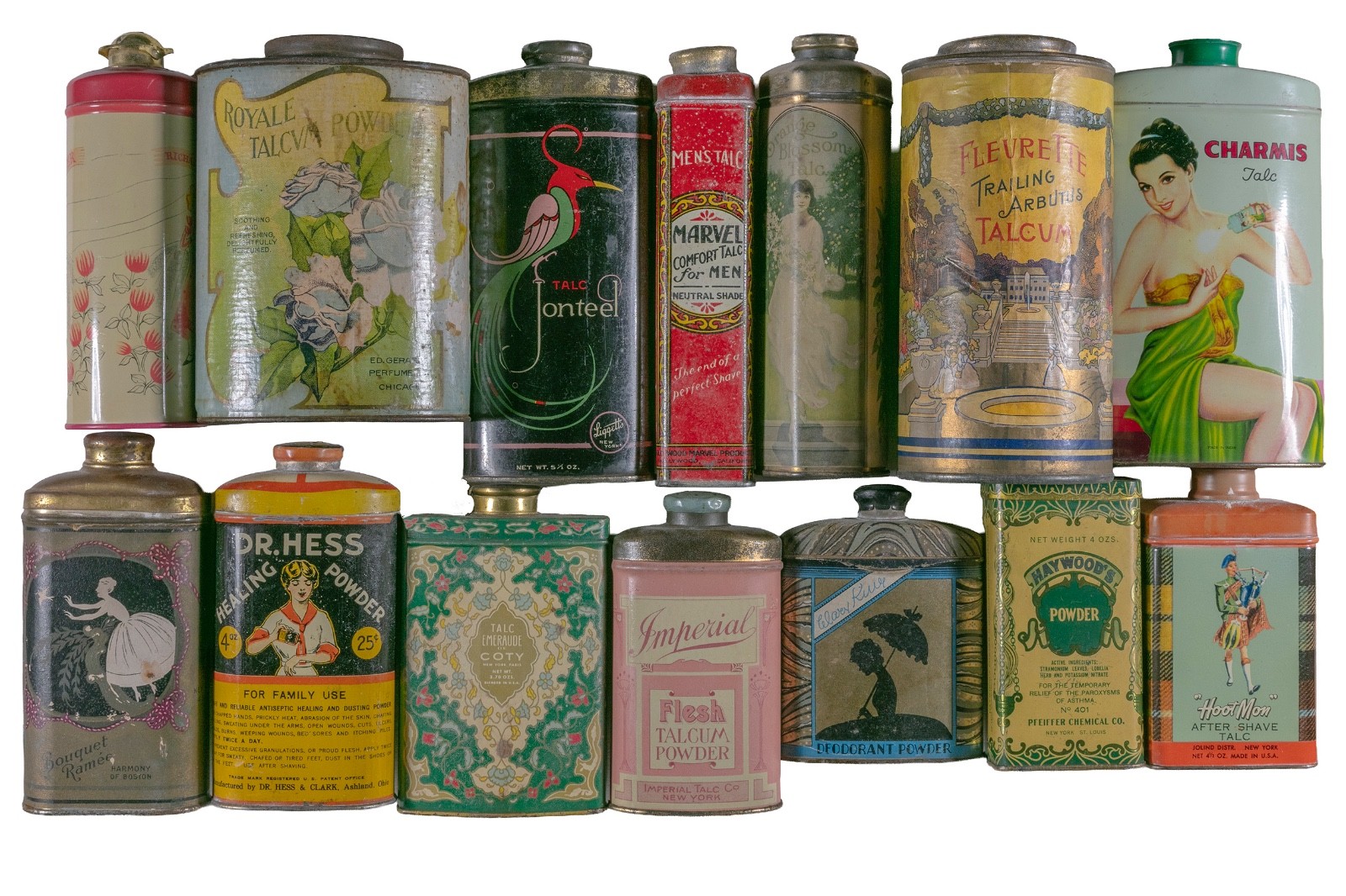 14 vintage US/EU 1910s to 1940s talc tins in good condition