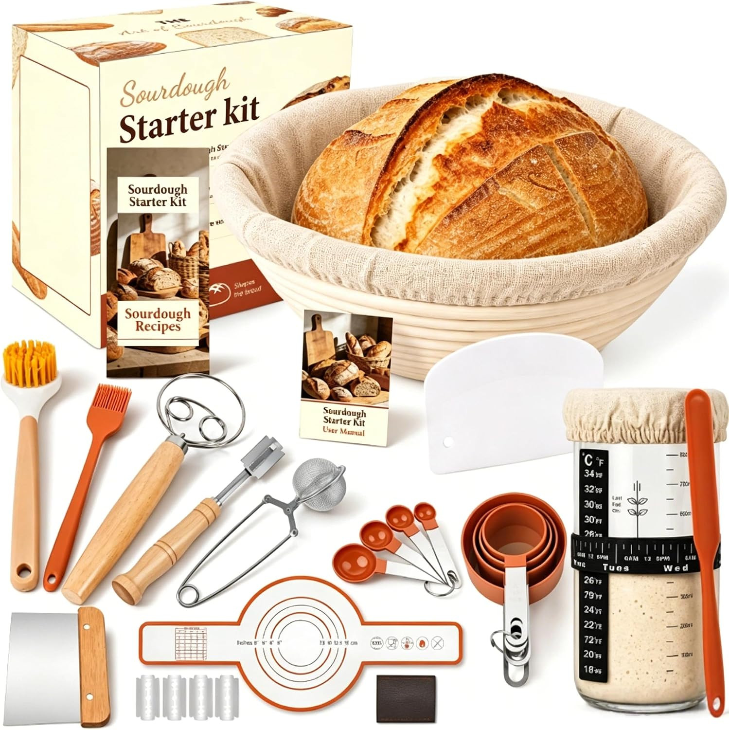 Sourdough Starter Kit Banneton Basket Bread Baking Tools Jar Dough Whisk Set