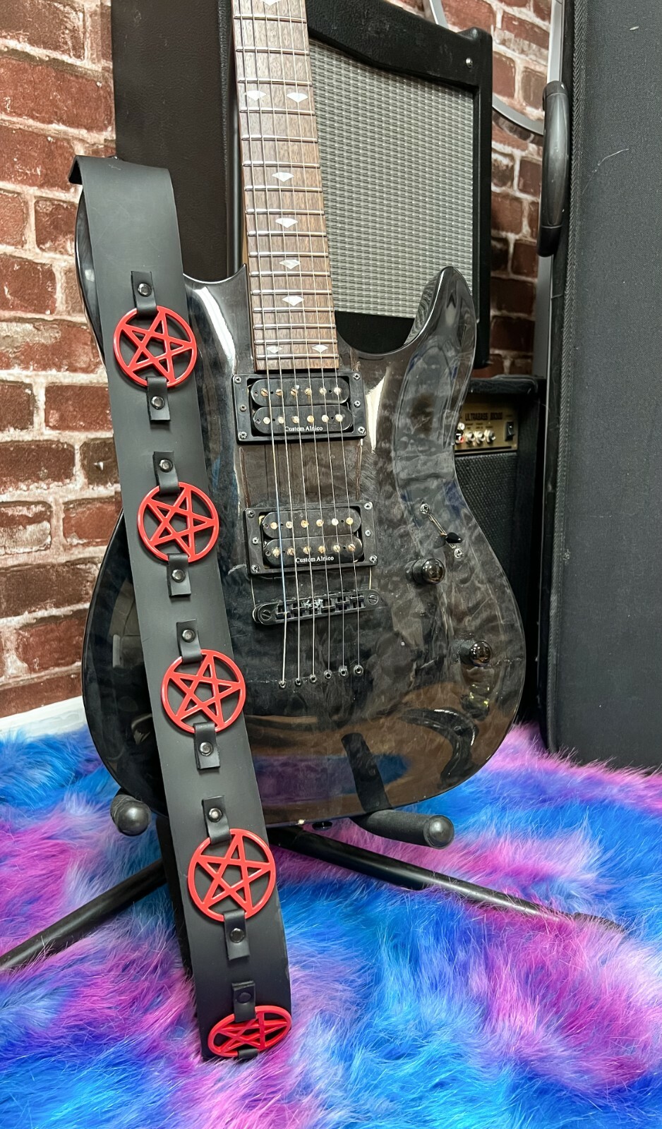 Goth Guitar Strap Red Pentagram Acoustic Electric Bass Leather USA Handmade Made