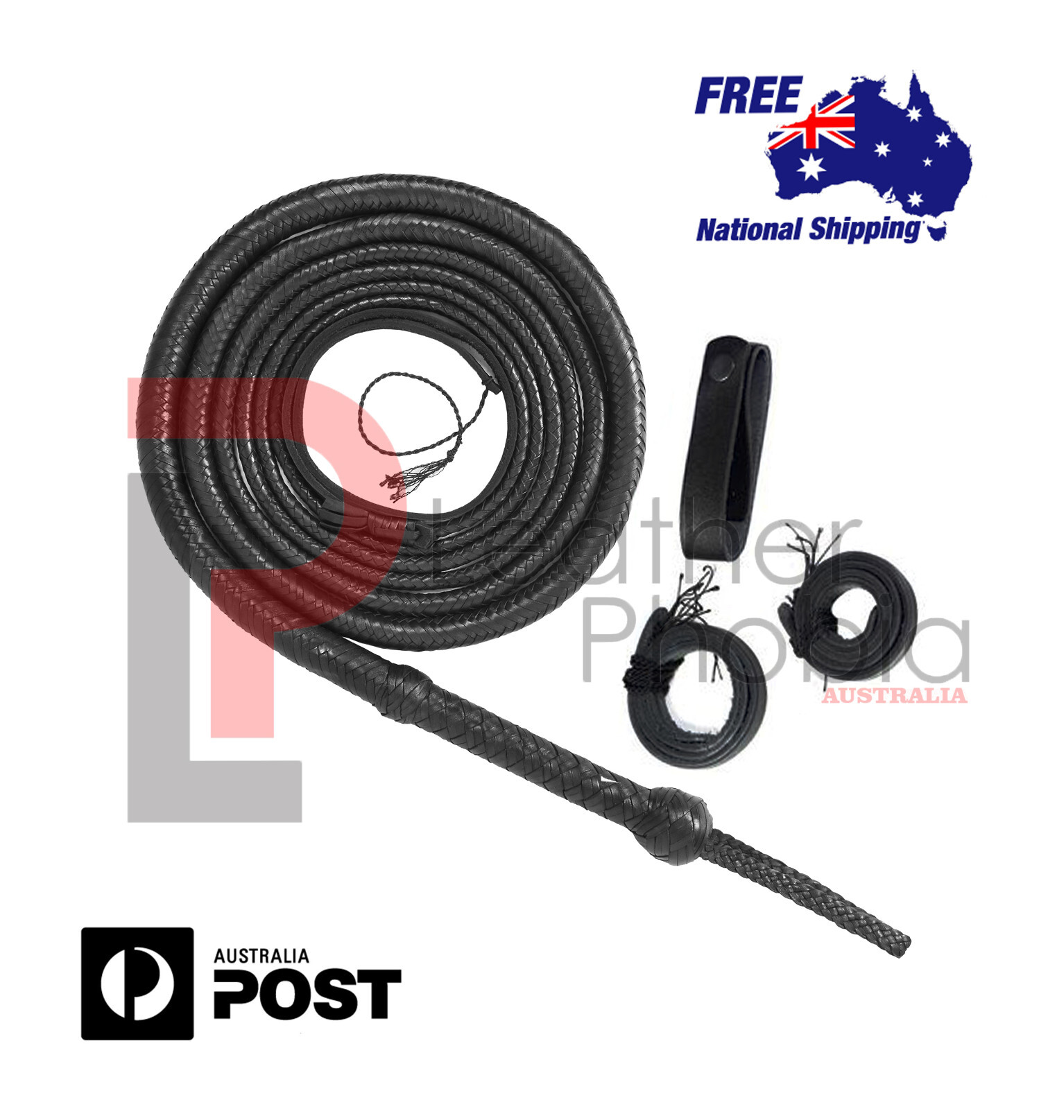 Genuine Kangaroo Black Leather Bullwhip 14 Feet Long 16 Plaits Heavy Duty whip