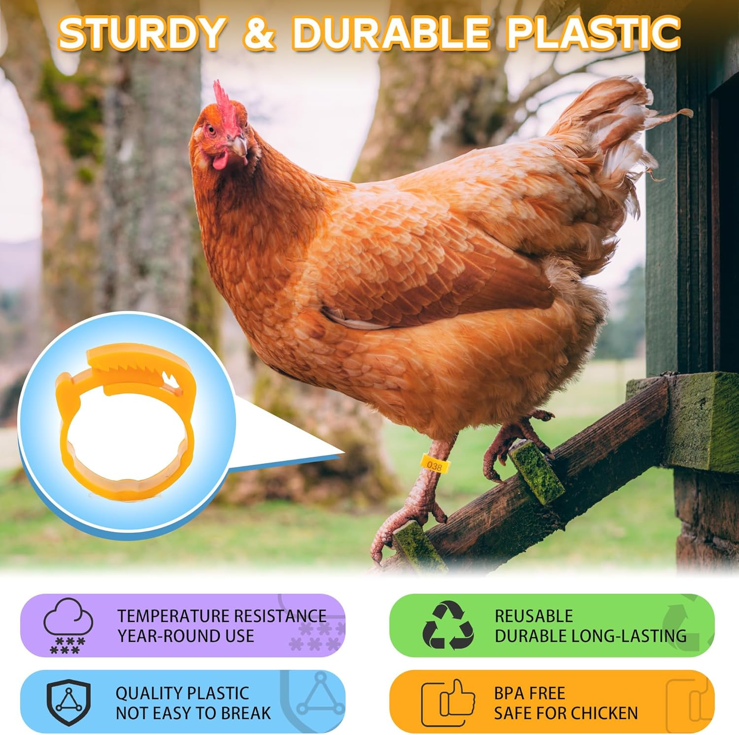 100pcs Chicken Leg Bands, 14-22mm Adjustable Poultry Tags, Durable Multi-Colo...