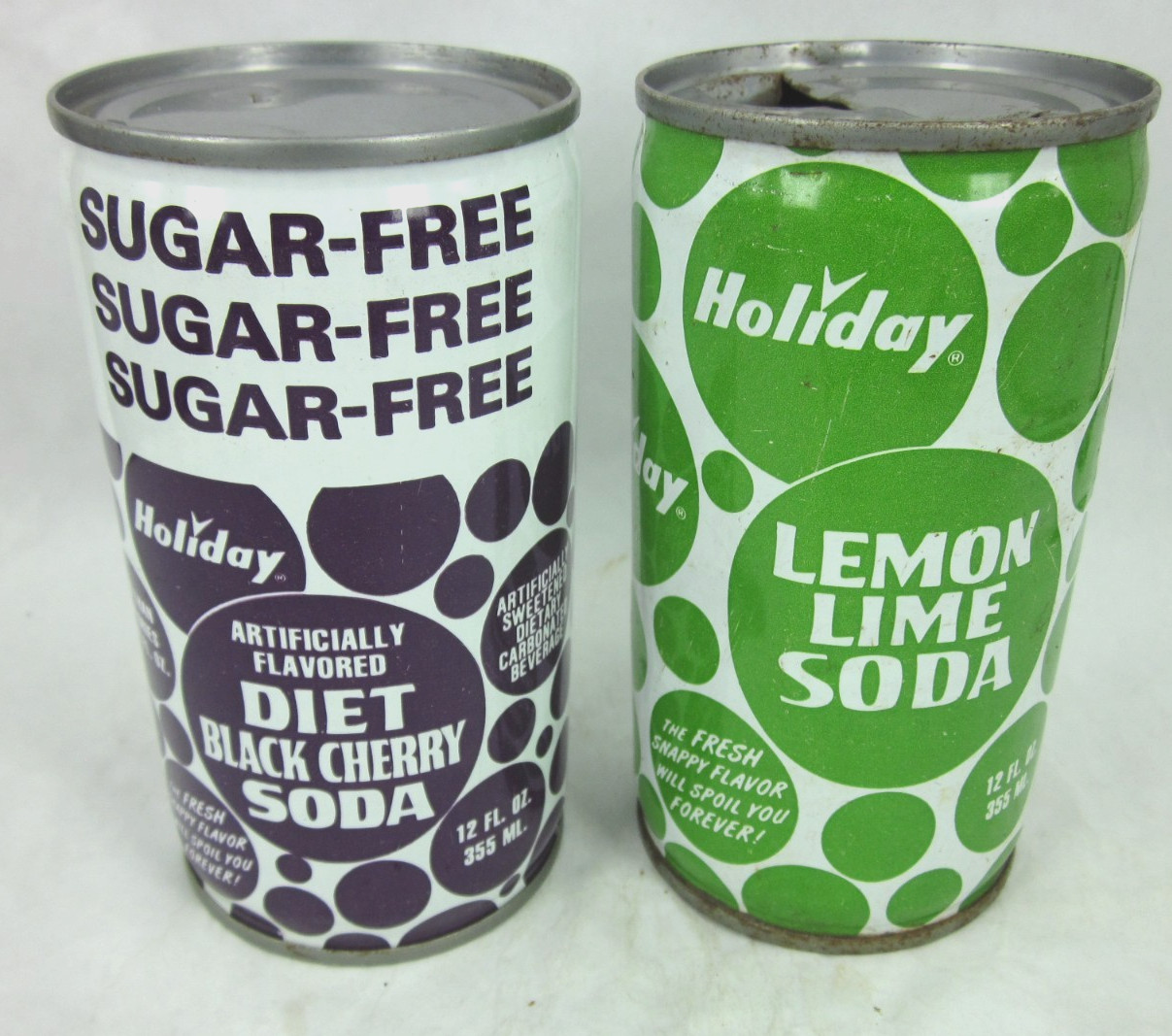 pair HOLIDAY station store flat top soda pop cans DIET BLACK CHERRY Lemon Lime
