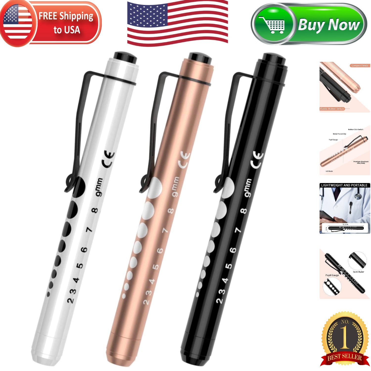 Concave Head LED Penlights for Medical Professionals – 3-Pack in Classic Colors