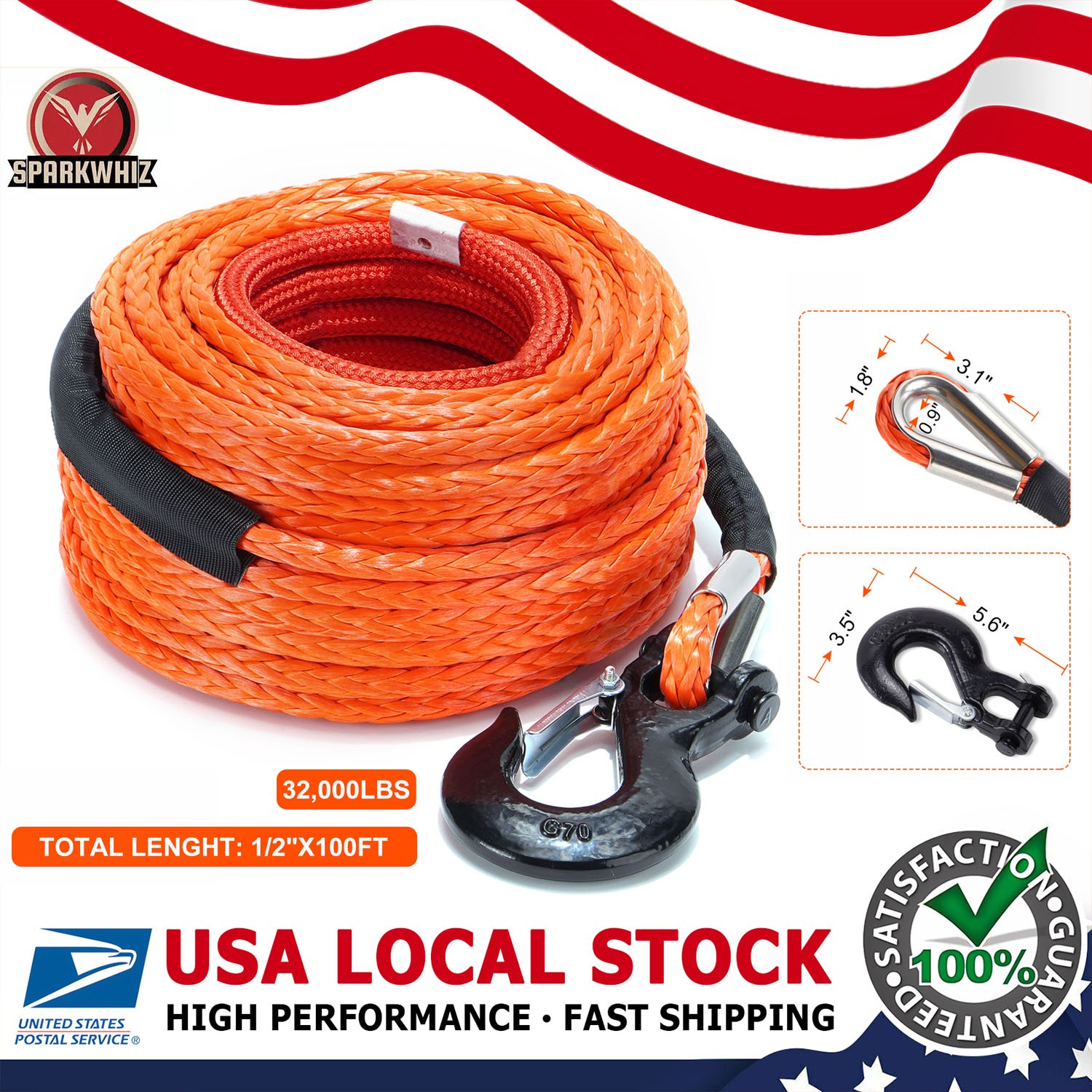 32000lbs 1/2"100ft Synthetic Winch Rope Winch Line Cable Rope+Winch Hook for 4WD