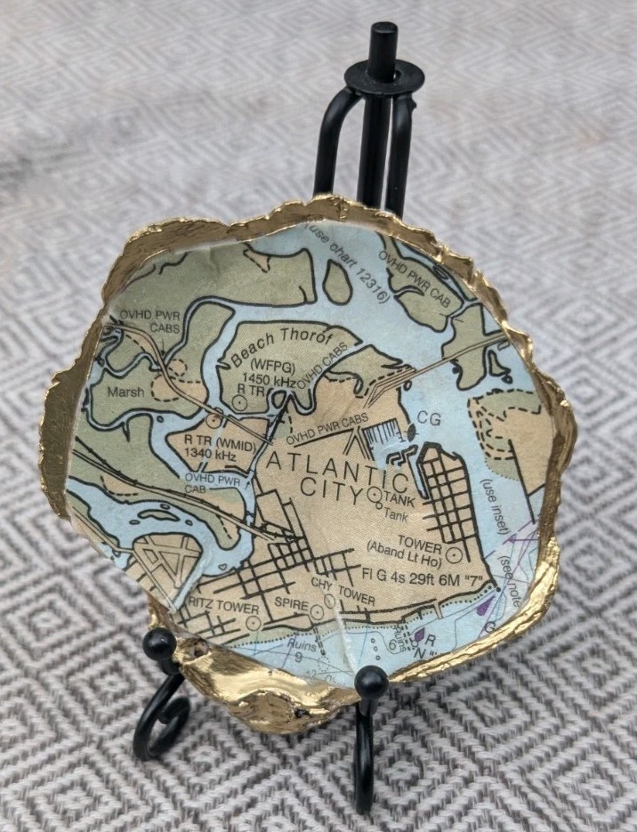 Hand Crafted GOLD Trim Decoupage Oyster Shell Atlantic City Nautical Chart Relic