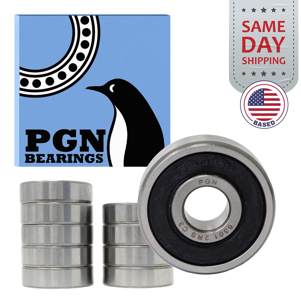 (10) 6301-2RS Premium Rubber Seal Ball Bearing C3 EMQ, 12x37x12, 6301 2RS 6301rs