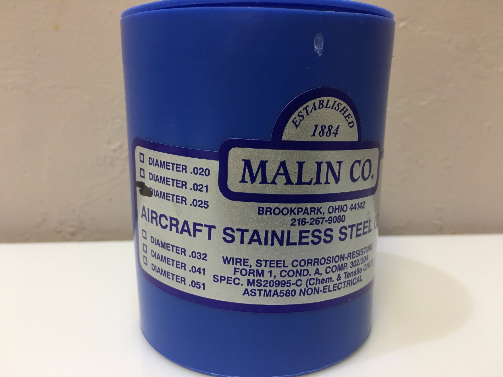 1 ROLL of .025 MALIN AVIATION S/S AIRCRAFT SAFETY WIRE 1lb roll with certs