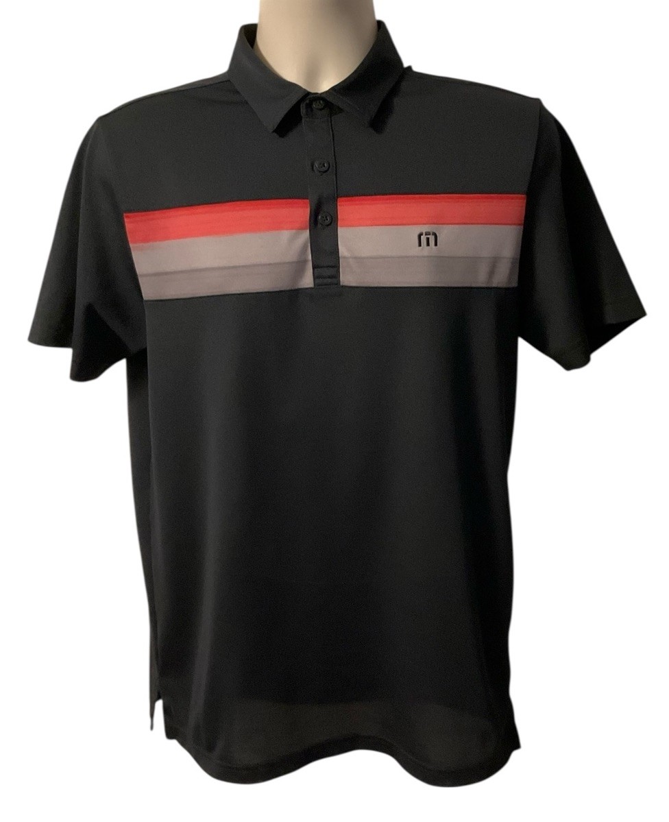 TRAVIS MATHEW M Black Red Gray Stripe Mesh Breathable Golf Polo *Excellent*