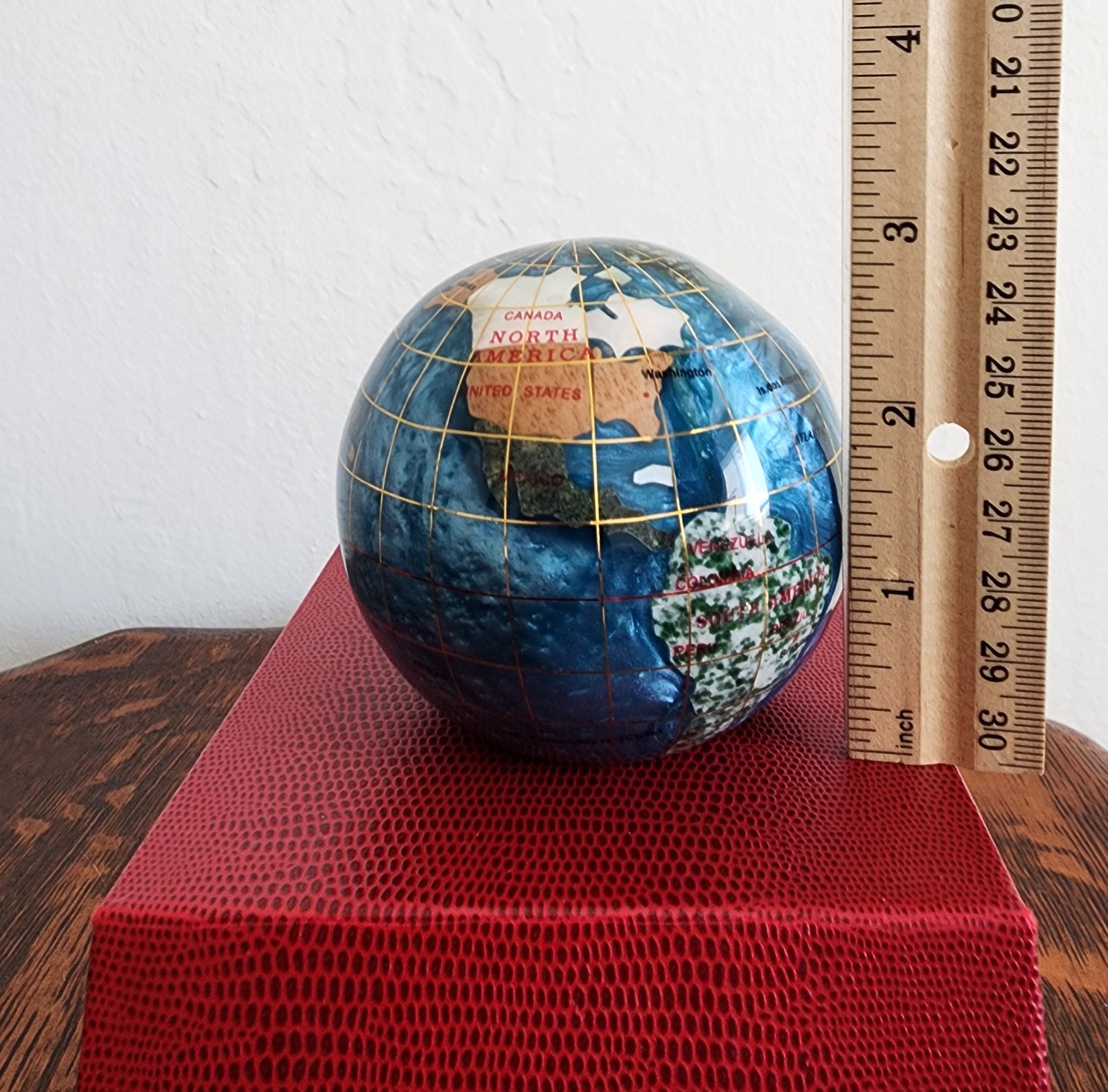 Handcrafted Gemstone Globe Paperweight in Decorative Red Box