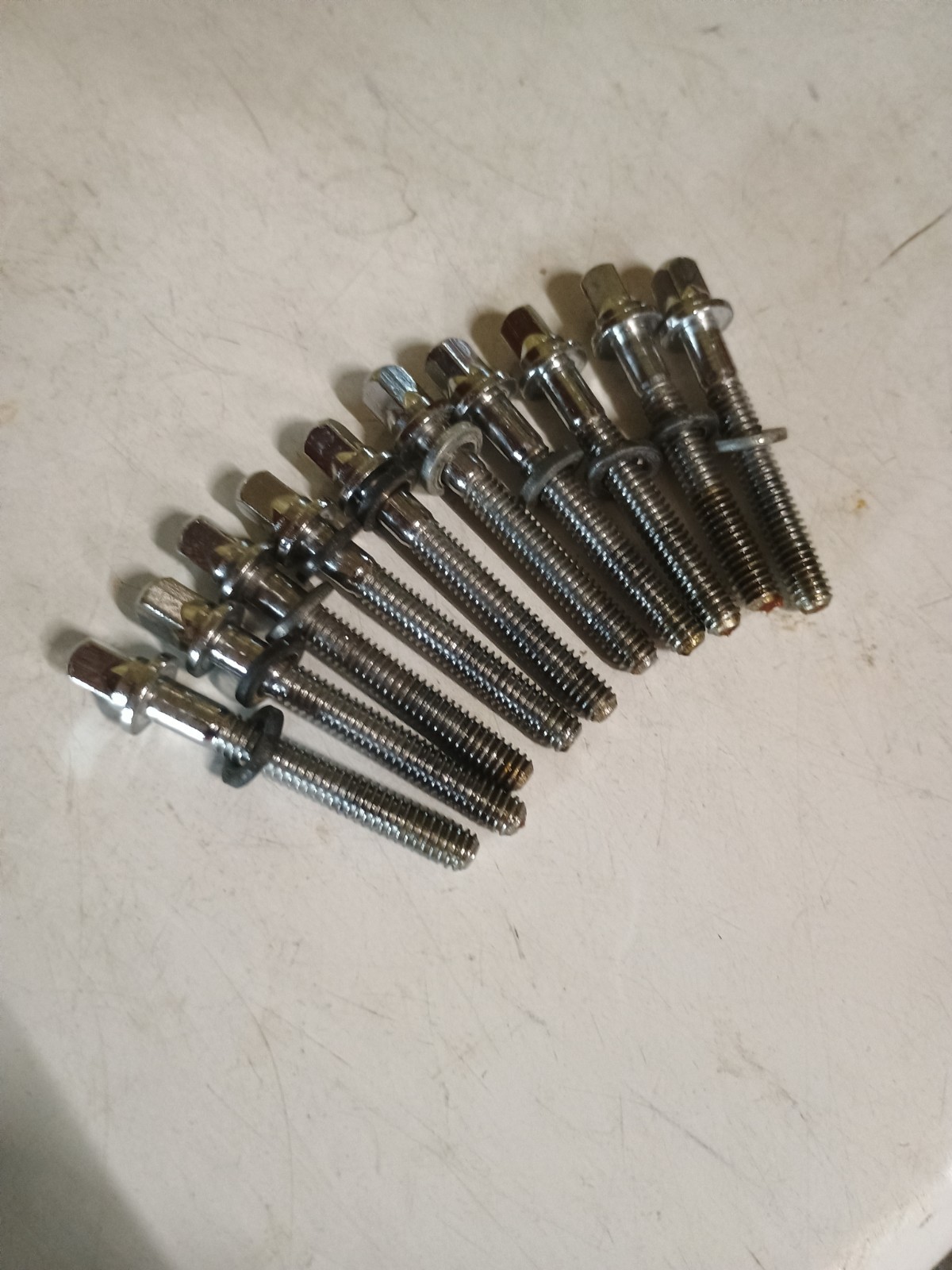 (10) VINTAGE 70's LUDWIG 1 5/8" SNARE DRUM KEY TENSION RODS-BRASS WASHERS-NICE!
