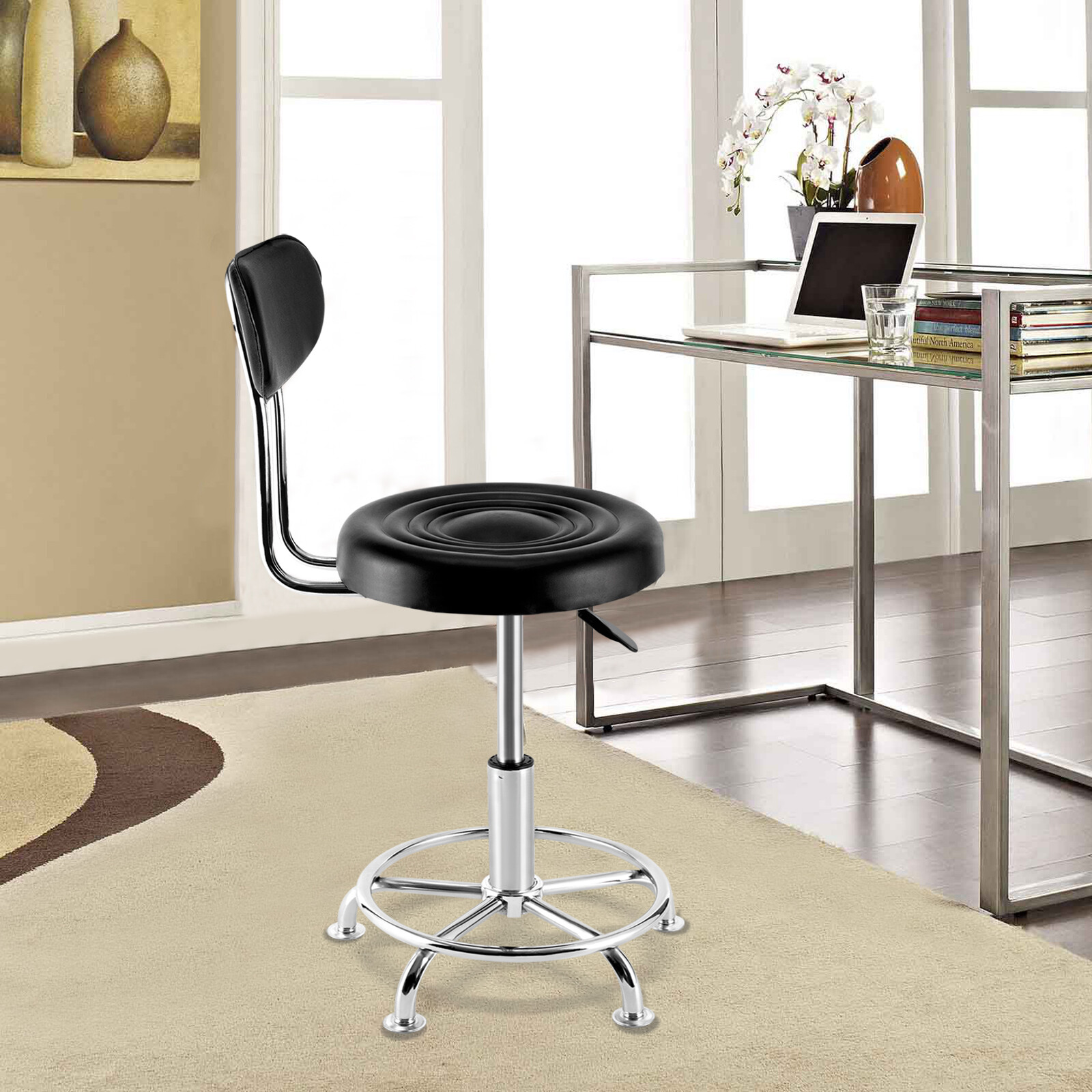 Leather Stool Work Shop Seat Chair Height Adjustable Garage Stool With Backrest