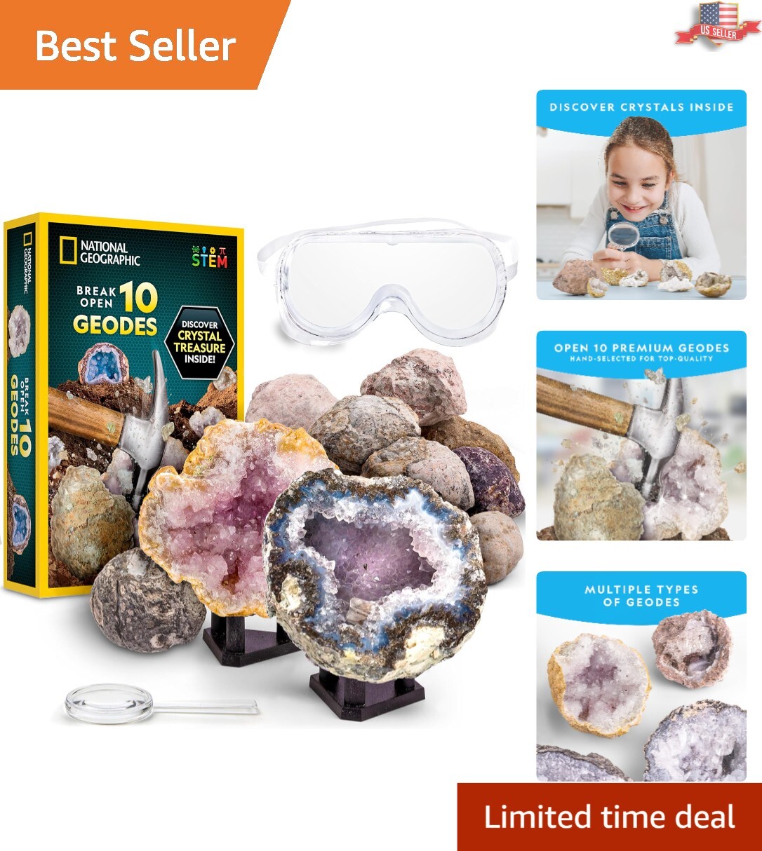 STEM Educational Geode Kit by National Geographic - 10 Natural Geodes with Guide