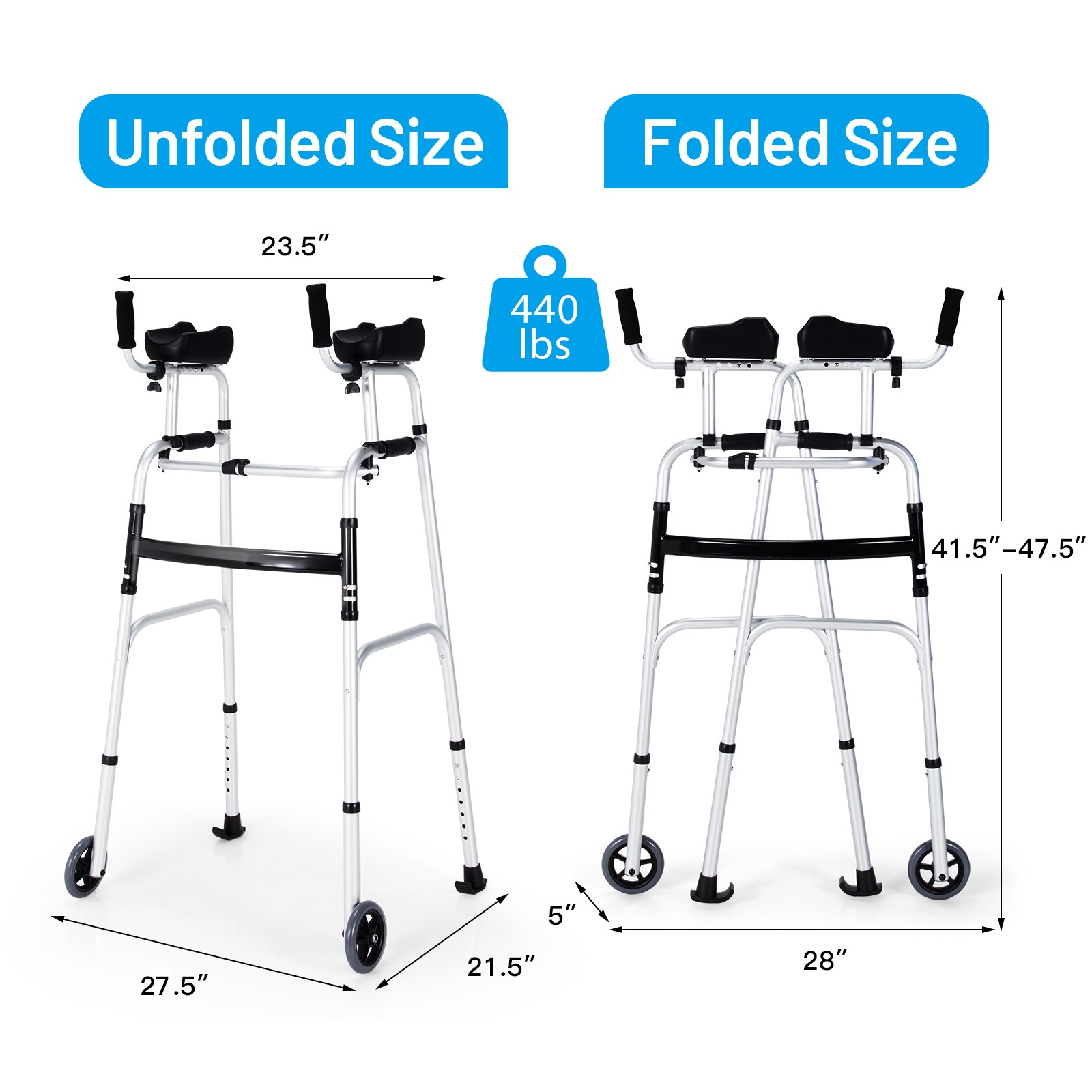 Folding Aluminum Alloy Wheel Walking Frame Adjustable Walker W/Armrest Support