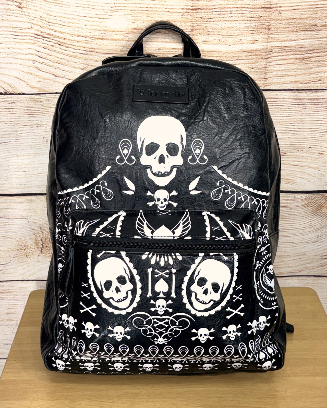 Loungefly Black White Skulls Bandana Full Size Backpack Faux Cracked Leather