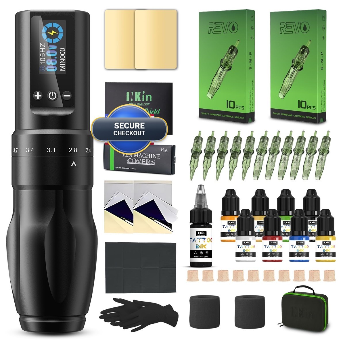 INKin Tattoo Kit Beginner Set Wireless Machine 2.0mm-4.0mm Stroke 1600mAh 20