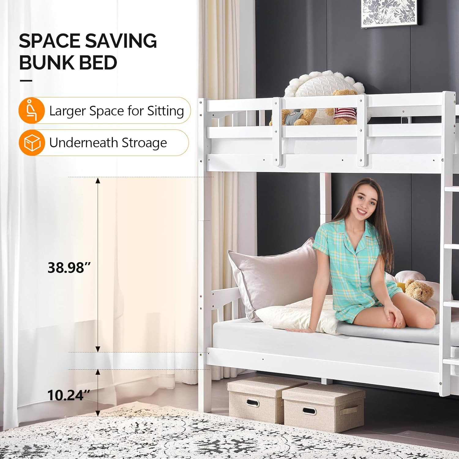 Bunk Bed Frame with Ladder for Kids Easy Assembly No Box Spring Needed White
