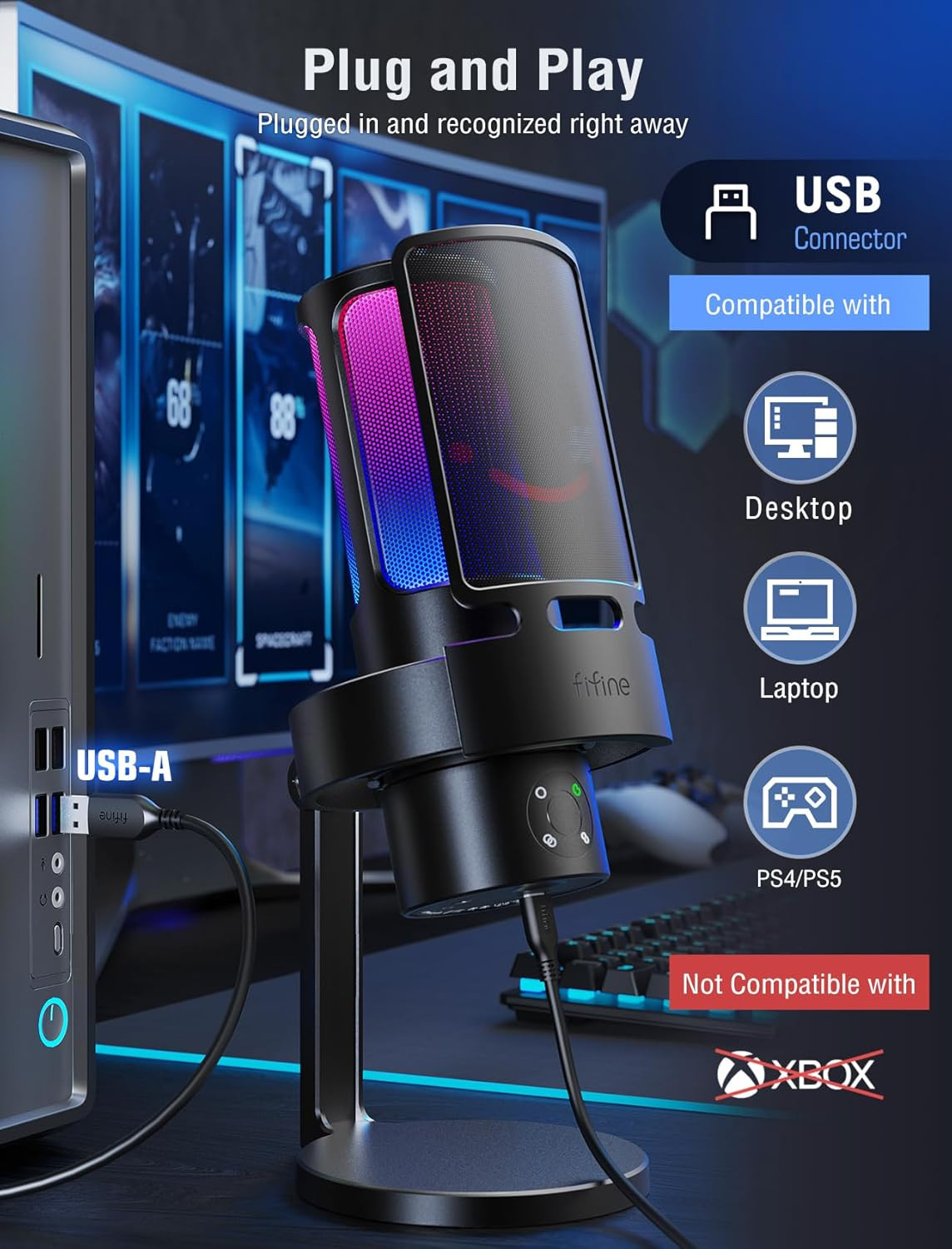 FIFINE Gaming USB Microphone, PC Computer Mic with 4 Polar Patterns for Podcast