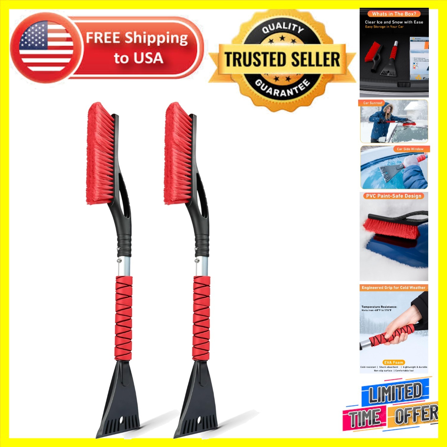 Effortless 27-Inch Snow Brush & Ice Scraper Set - Red, Scratch-Free, and Durable