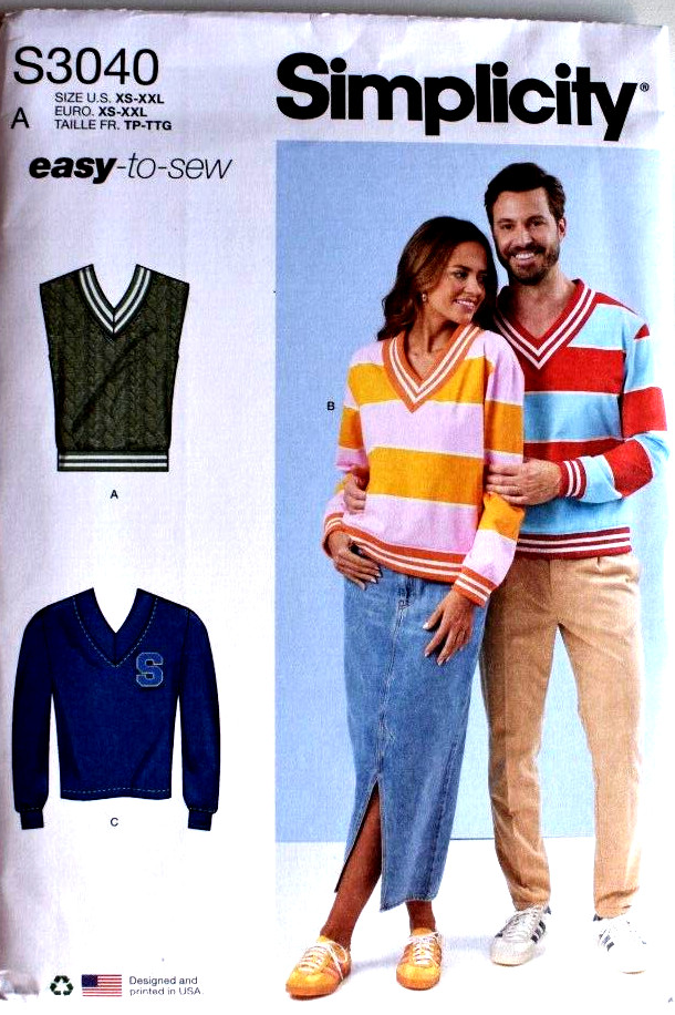 SIMPLICITY PATTERN 3040  KNIT  TOPS  VESTS ADULT  SIZES XS SM M L XL XXL UNCUT