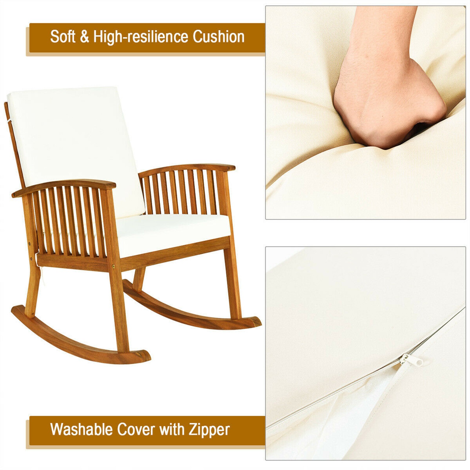 2PCS Patio Rocking Chair Set Round Table Solid Wood Cushioned Sofa Garden Deck