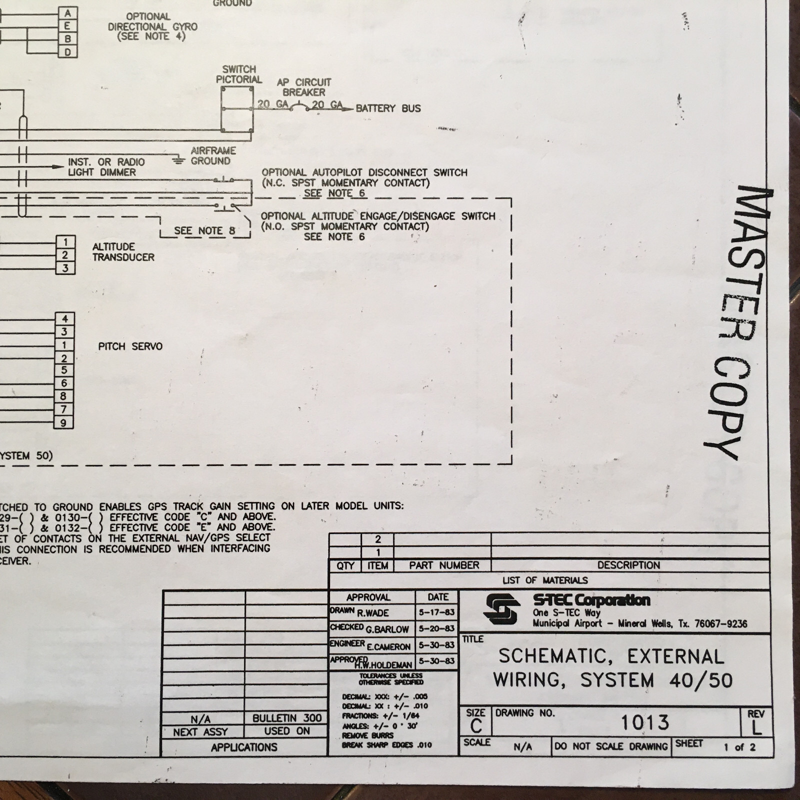 S-tec System 40/50 Autopilot External Wiring Interconnect Schematic