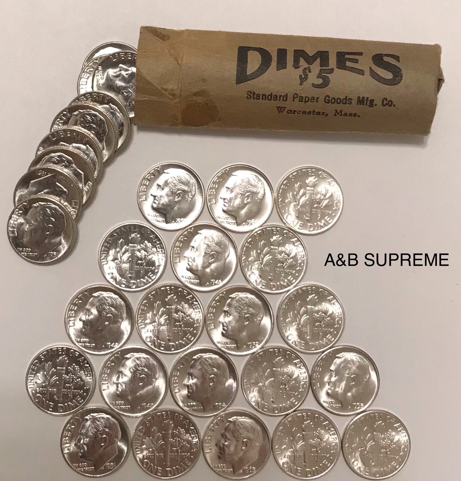 (20) Roosevelt Dimes From OBW Roll Estate 1946-1964 CH-GEM Bu Unc 90% Silver