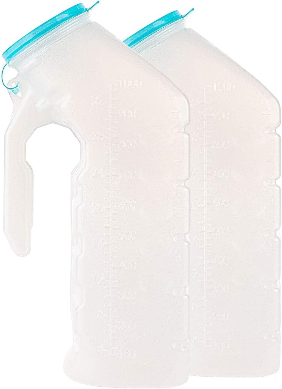 Male Urinal with Glow in The Dark Lid (2 Bottles) 32 Oz Urine Bottles for Men -