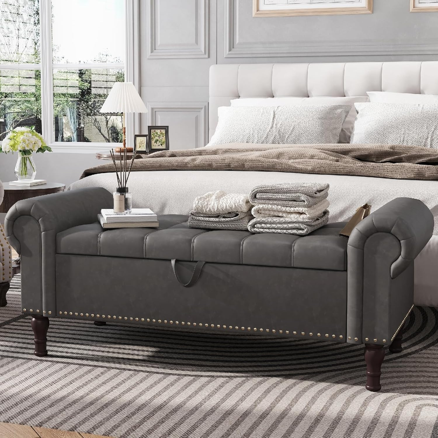 51” Bench with Storage, Upholstered Tufted Button Bedroom Bench with Storage, Fa