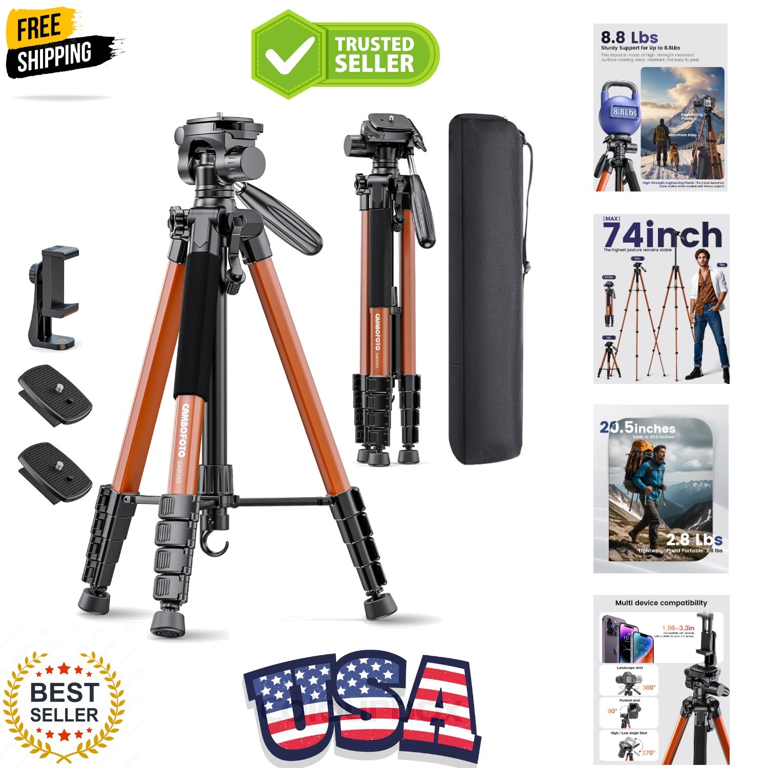 74″ Camera Tripod, 360° Aluminum Lightweight Tripod/Orange | Heavy‐Duty Profe...