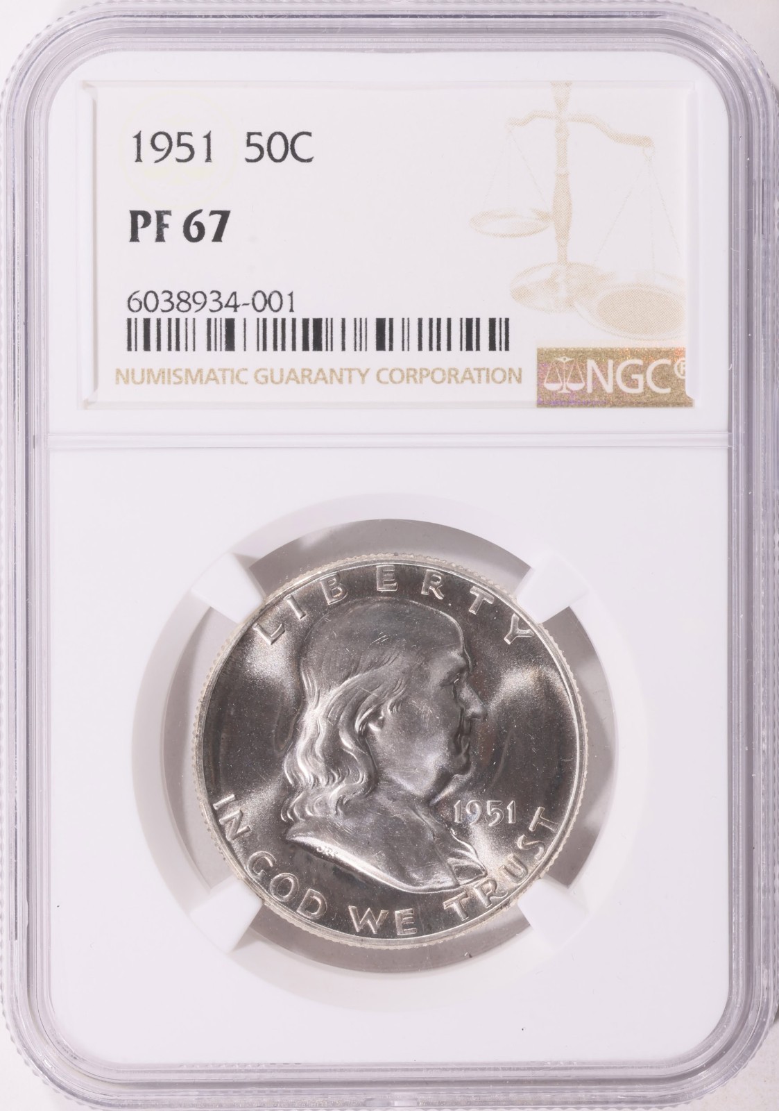 1951 Franklin Half NGC PF67 PR67 Light Peripheral Toning