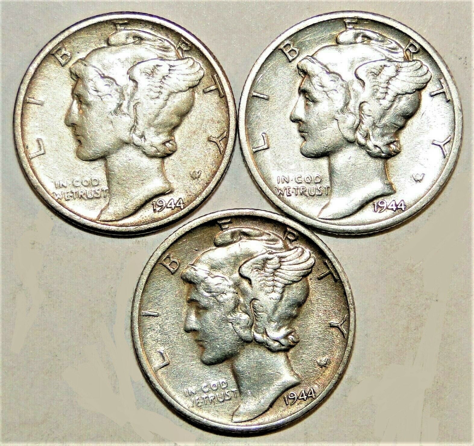 1944 PDS  Set of three Mercury Dimes  90% Silver XF Extra Fine to AU