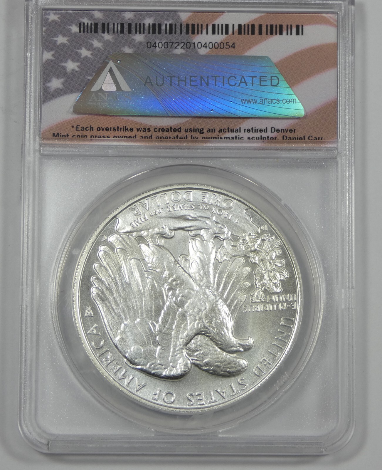 1985 Daniel Carr Overstruck Silver Eagle Design 1oz CERTIFIED ANACS MS 67