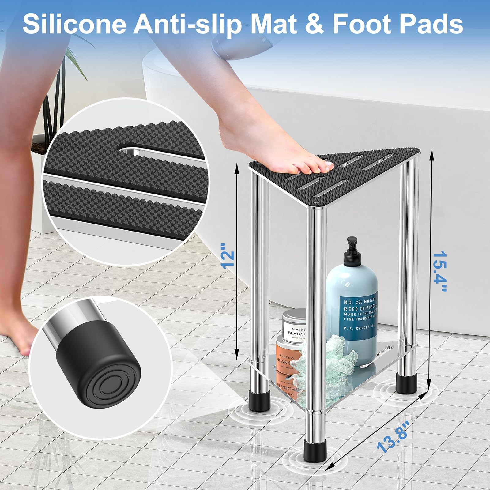 Stainless Steel Shower Stool for Inside 15.4'' H Foot Rest Corner with Storage
