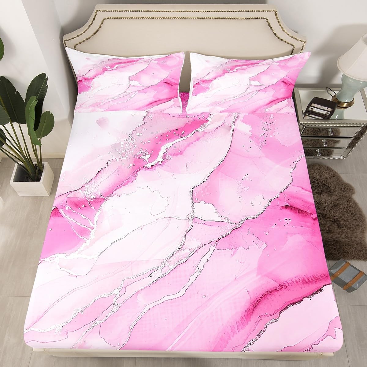 Marble Texture Printed Bed Sheets Set Queen Size Modern Marble Aesthetic Fitt...