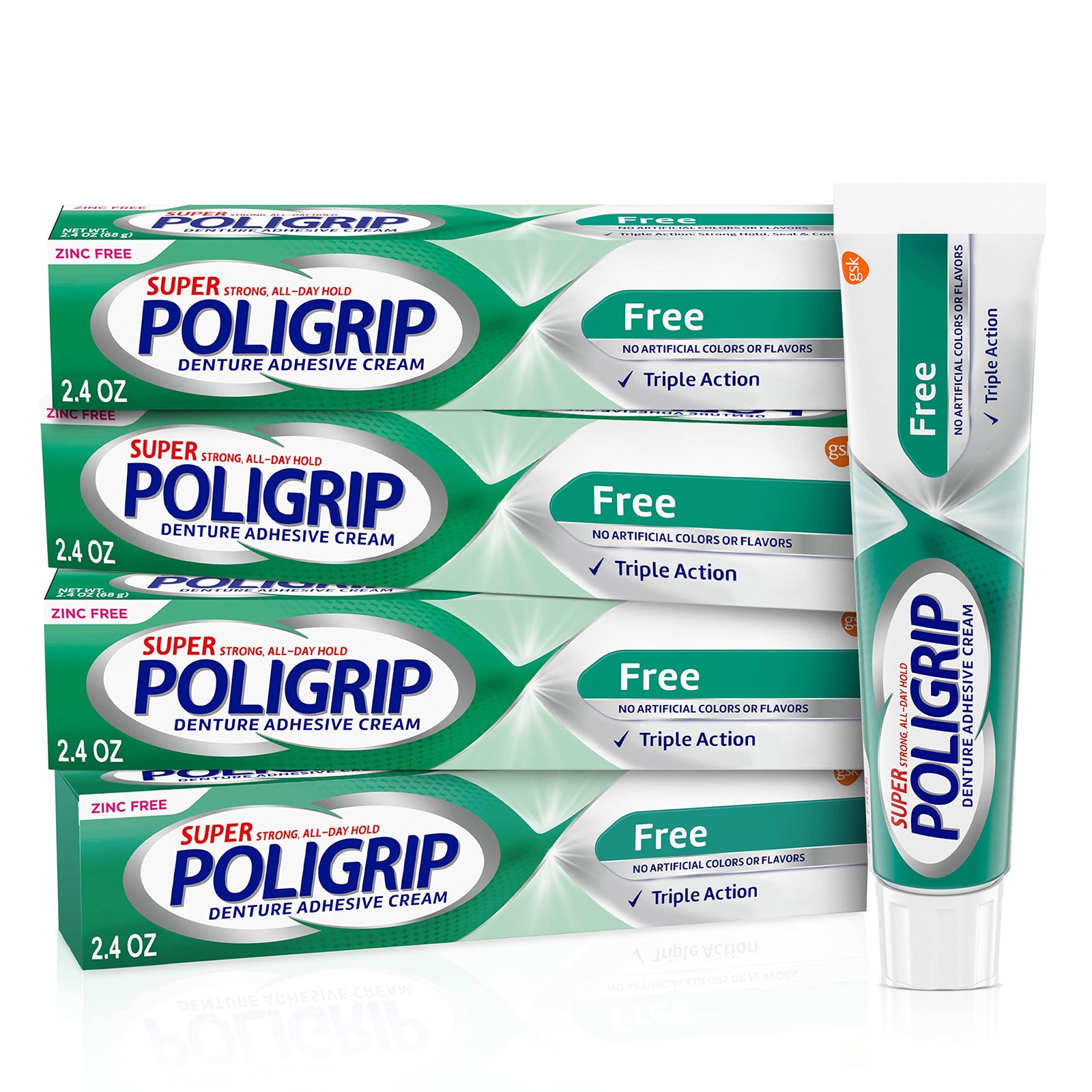 Super Poligrip Zinc Free Denture & Partial Adhesive Cream 4x 2.4oz
