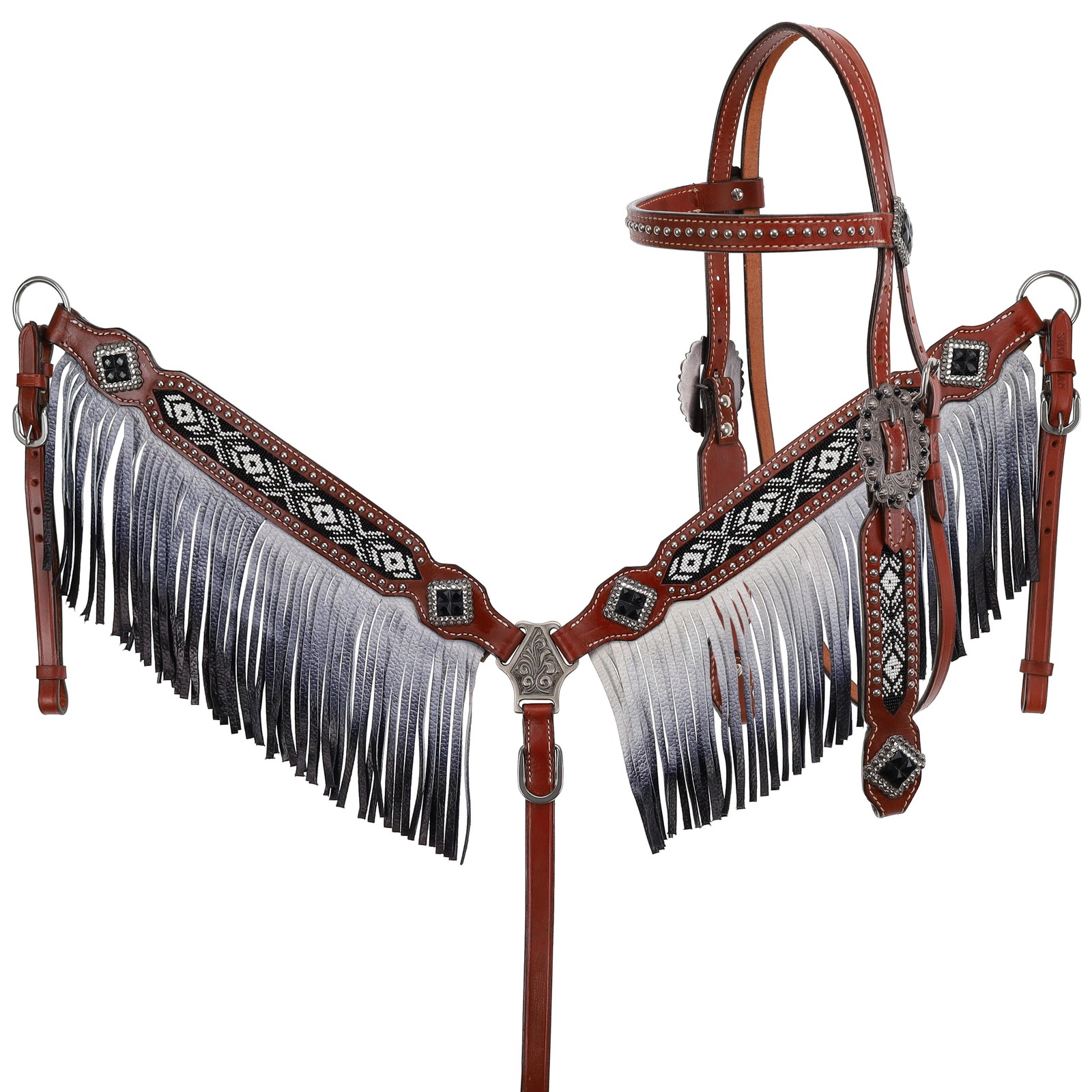 Showman Black & White Beaded Leather Headstall & Breast Collar w/ Ombre Fringe